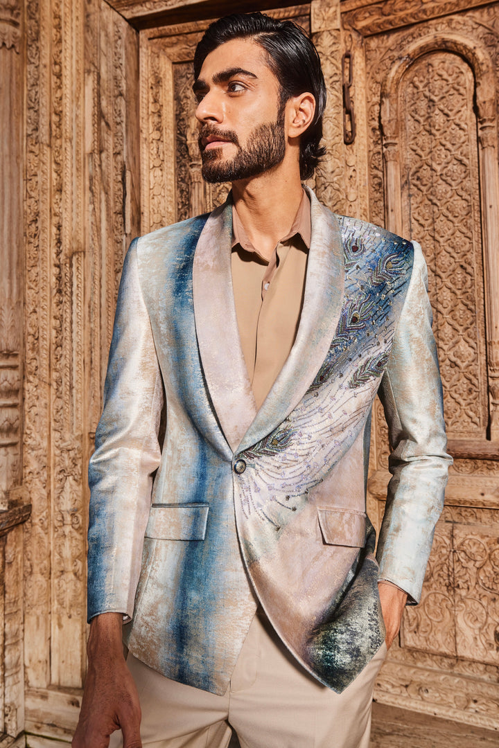 Shop Sky Blue Peacock Velvet Feather Embroidered Tuxedo Set Today