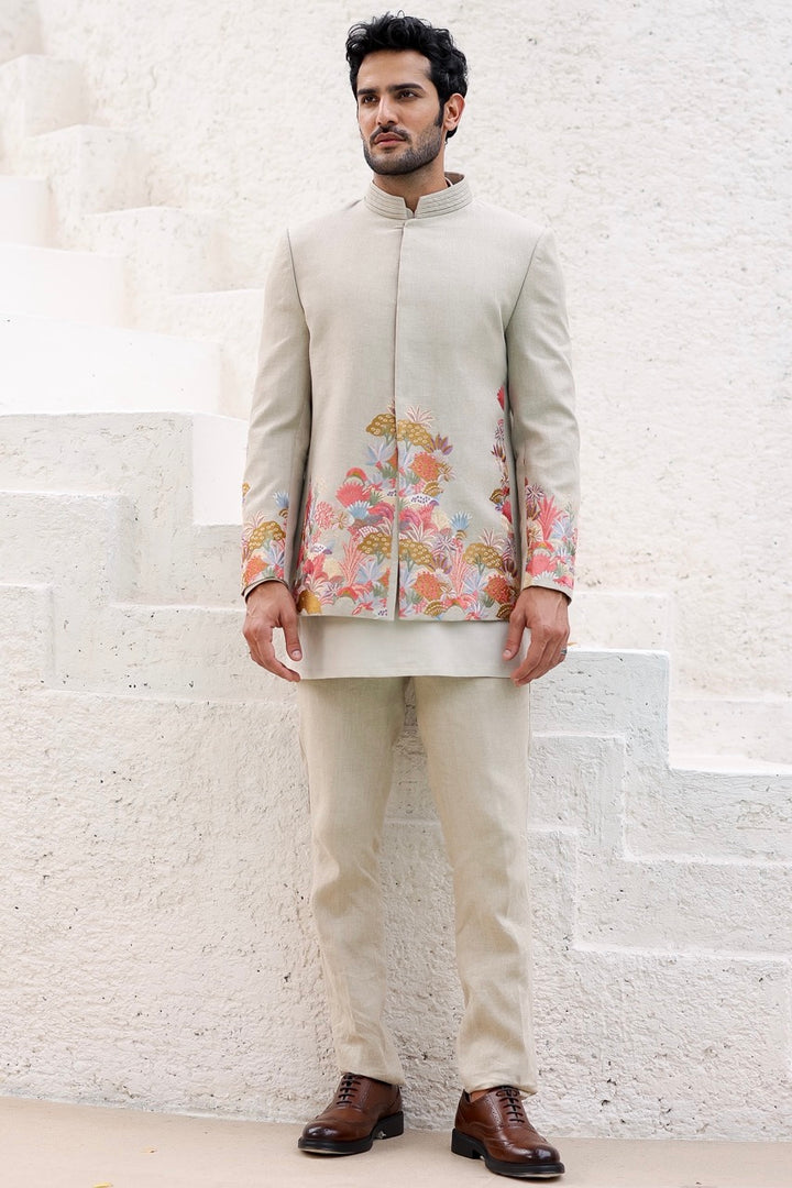 Shop Tan Floral Resham Embroidery Bandhgala Now