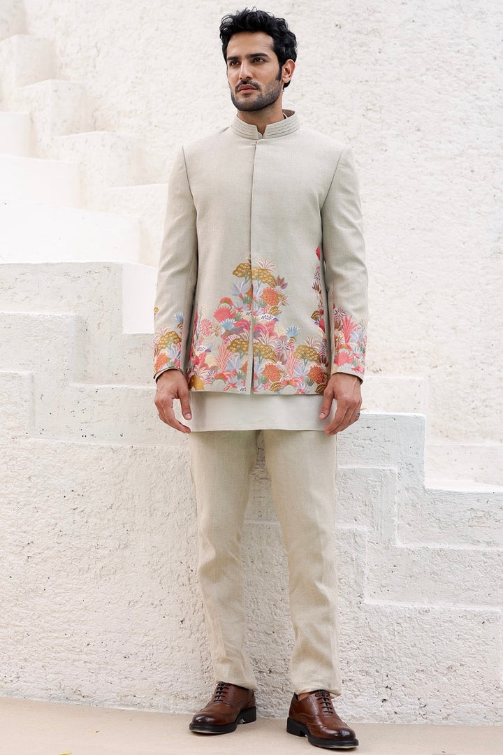Shop Tan Floral Resham Embroidery Bandhgala Now