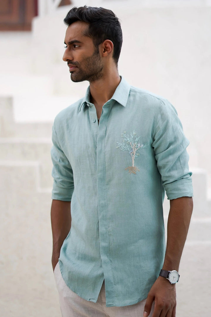 Shop Teal Tree Embroidery Tropical Shirt Now 