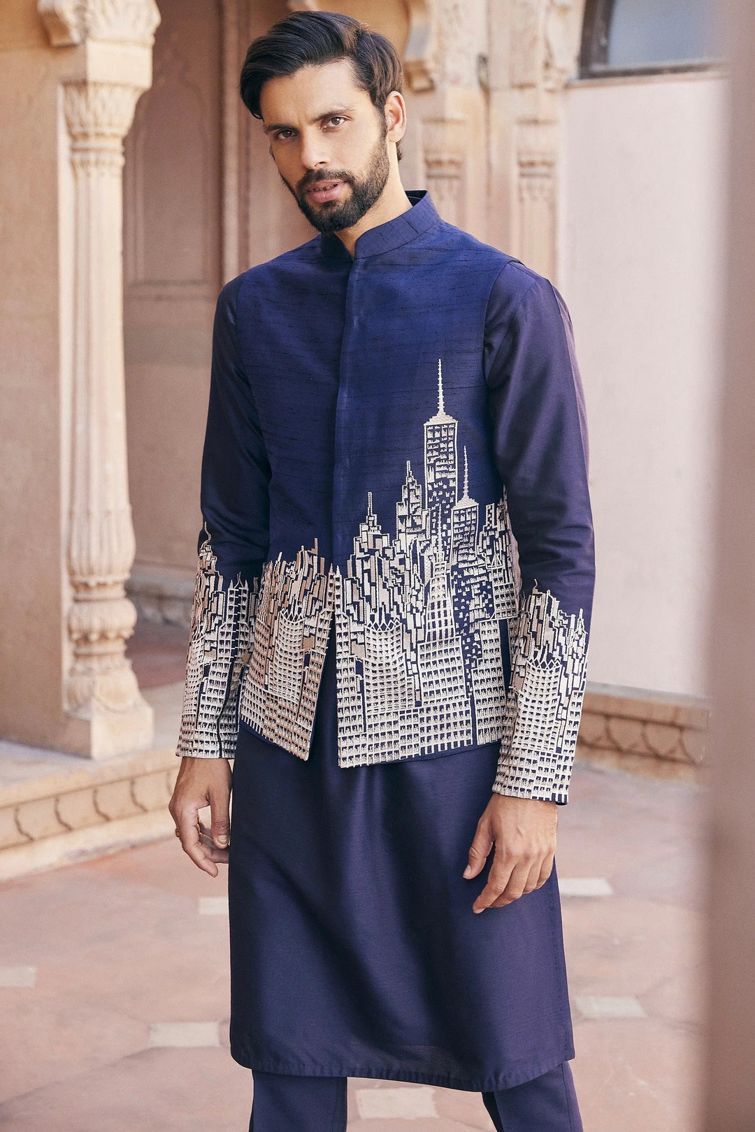 Buy Navy Abstract Design Embroidered Bundi Set 