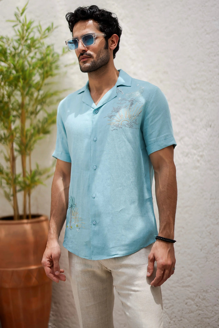 Sky Blue Cuban Embroidered Tropical Shirt - Asuka Couture