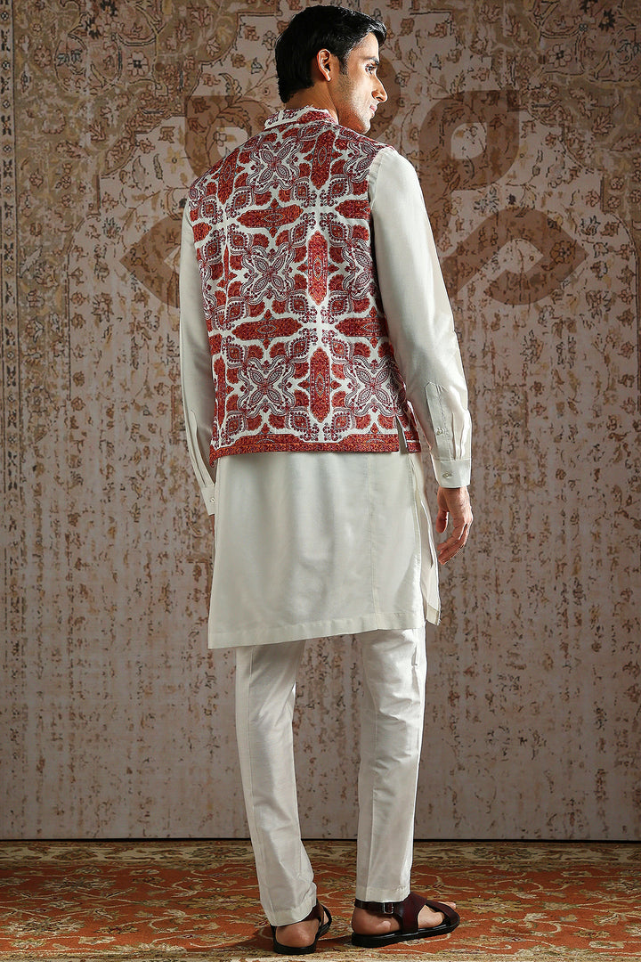 Red Kashida Embroidered Ivory Kurta Bundi Set