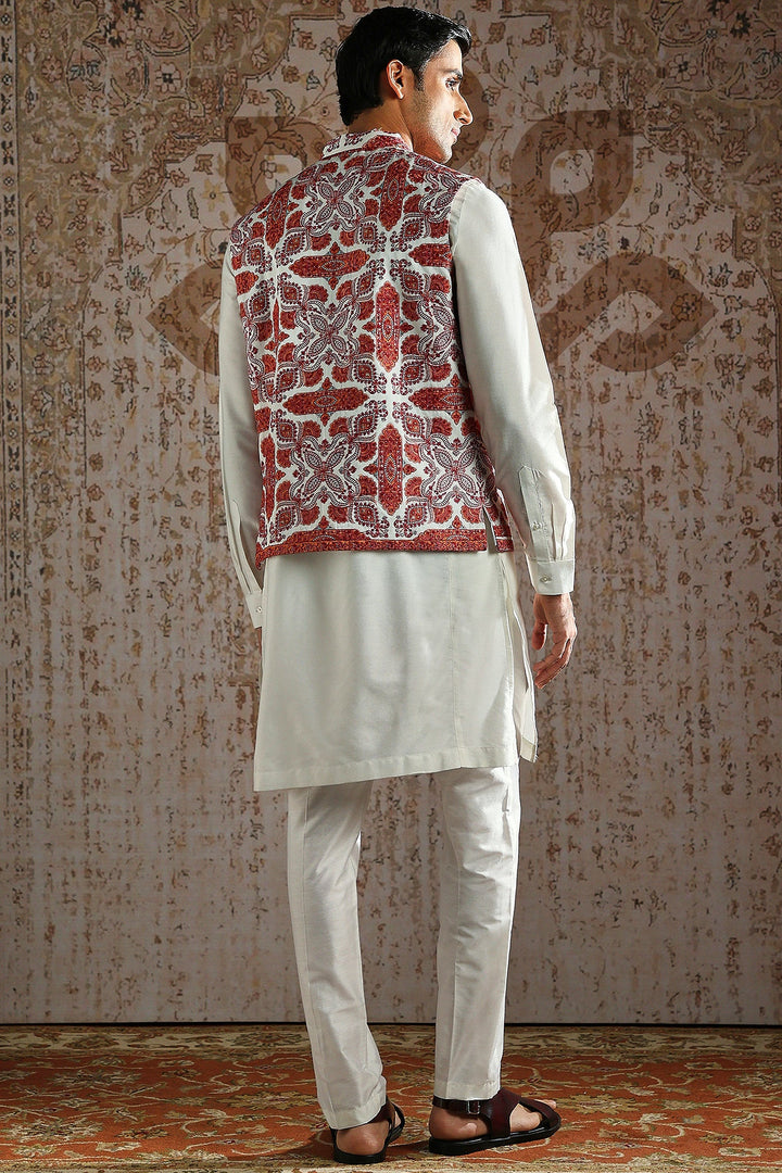 Red Kashida Embroidered Ivory Kurta Bundi Set