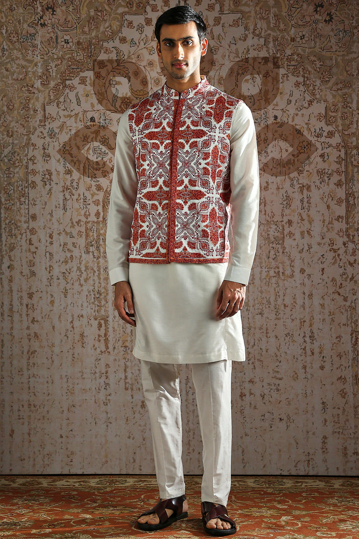 Red Kashida Embroidered Ivory Kurta Bundi Set