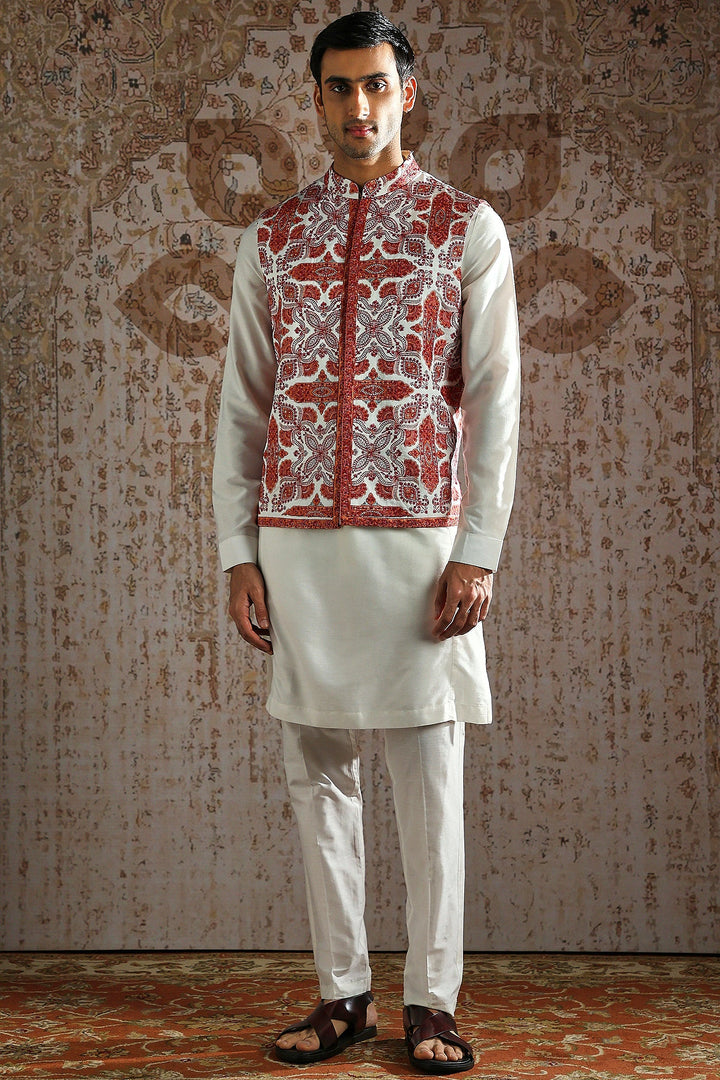 Red Kashida Embroidered Ivory Kurta Bundi Set