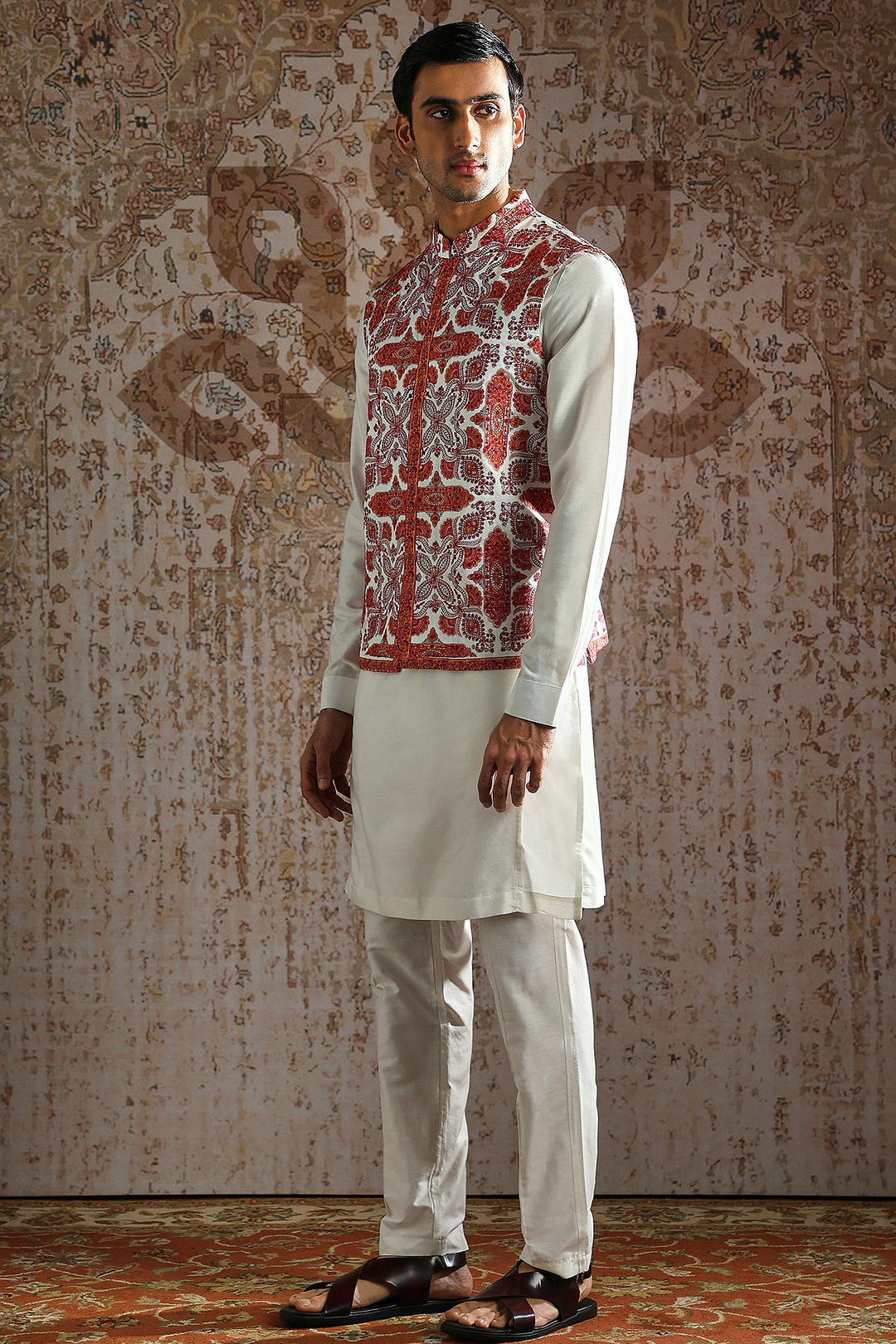 Red Kashida Embroidered Ivory Kurta Bundi Set