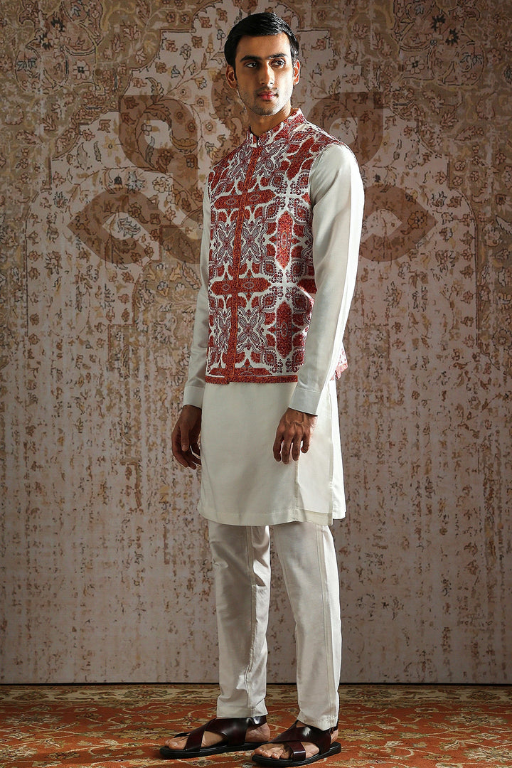 Red Kashida Embroidered Ivory Kurta Bundi Set