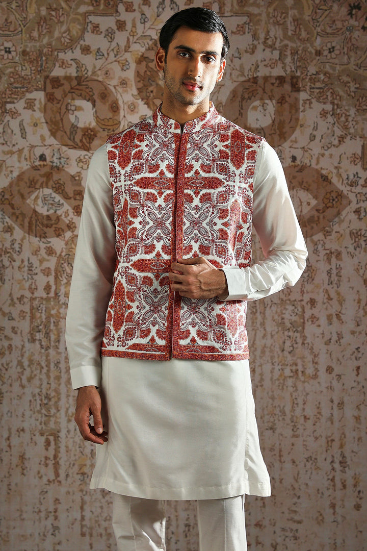 Red Kashida Embroidered Ivory Kurta Bundi Set