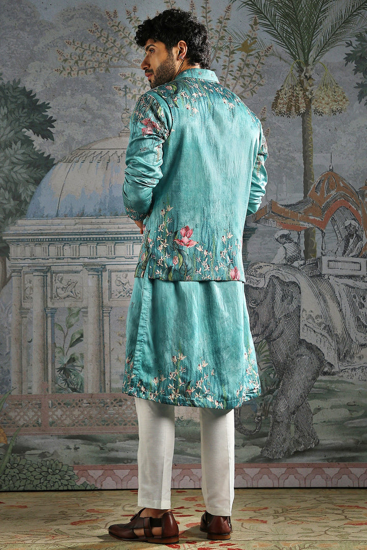 Aqua Lotus Garden Embroidered Kurta Bundi Set