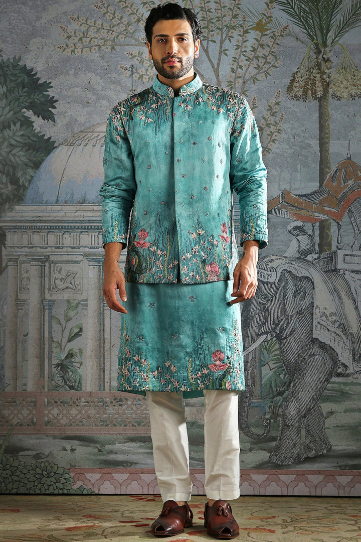 Aqua Lotus Garden Embroidered Kurta Bundi Set