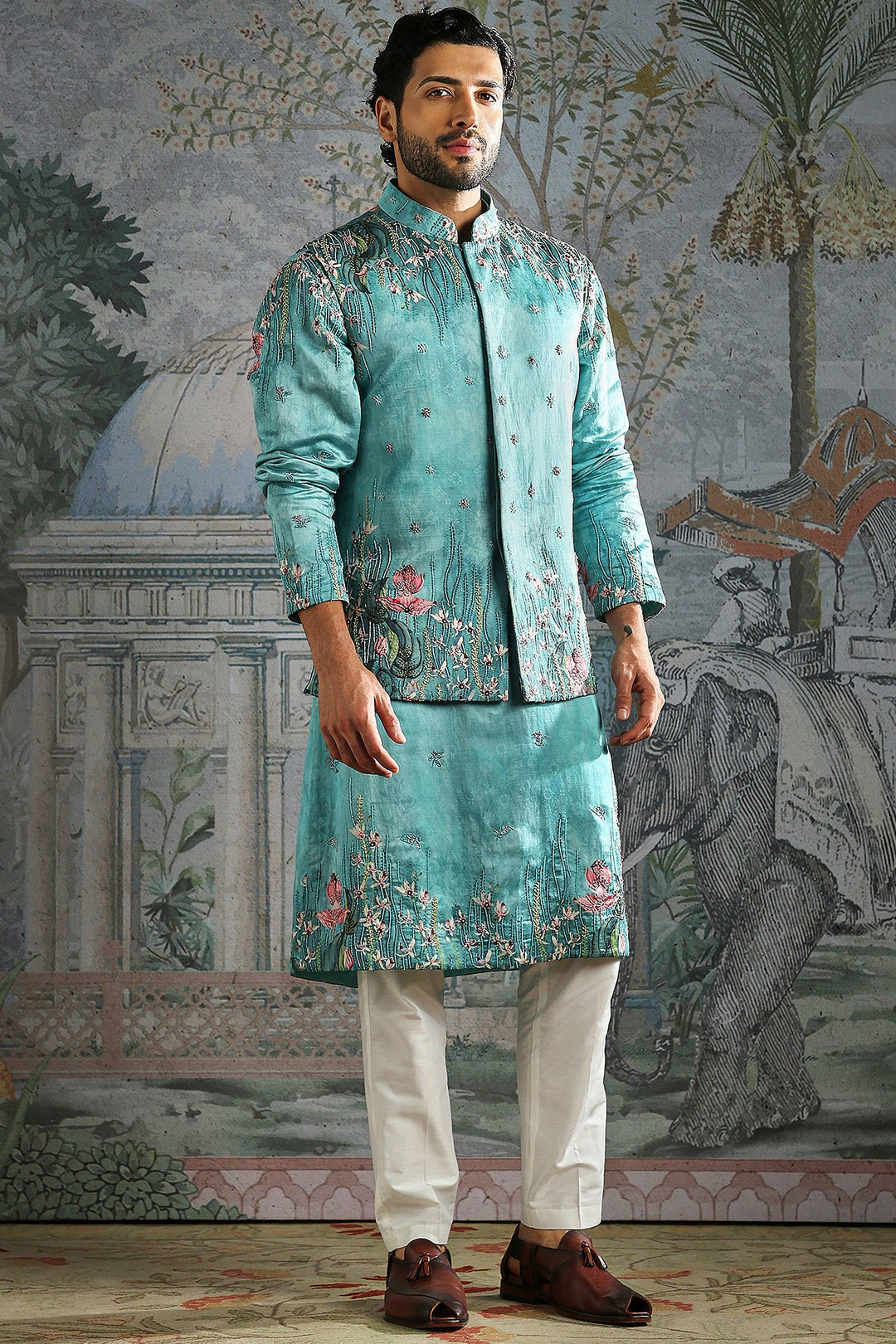 Aqua Lotus Garden Embroidered Kurta Bundi Set