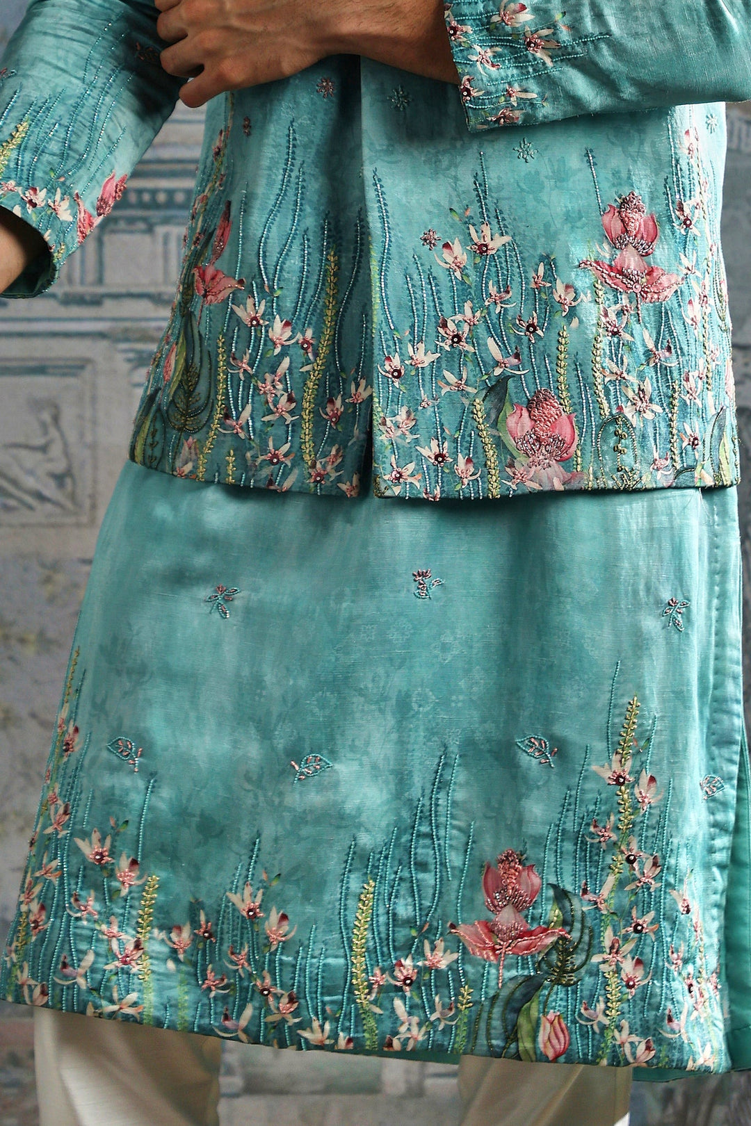 Aqua Lotus Garden Embroidered Kurta Bundi Set