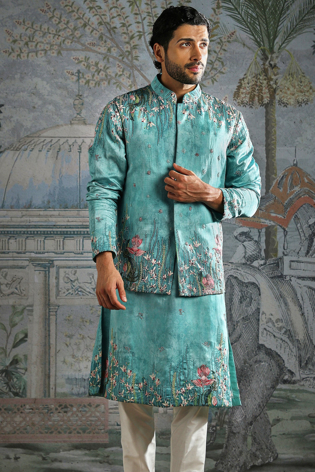 Aqua Lotus Garden Embroidered Kurta Bundi Set