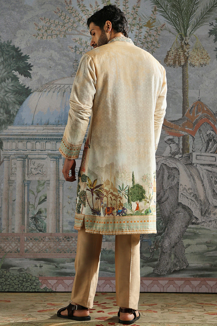 Beige Kurta Set with Intricate Landscape Embroidery