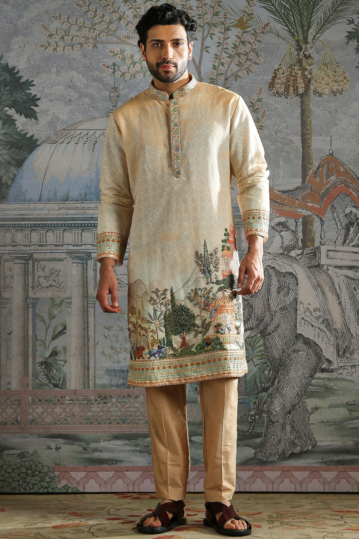 Beige Kurta Set with Intricate Landscape Embroidery