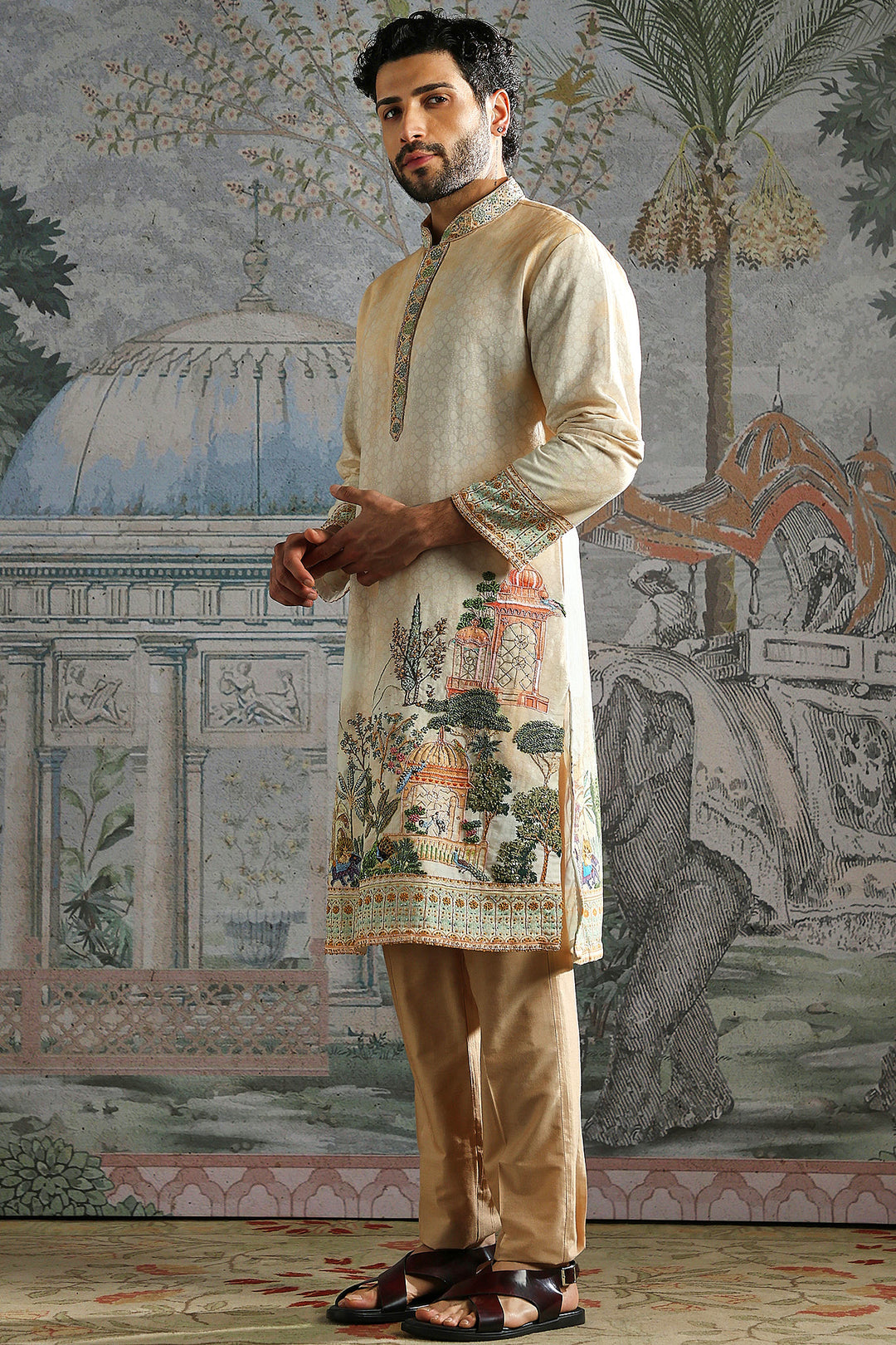 Beige Kurta Set with Intricate Landscape Embroidery