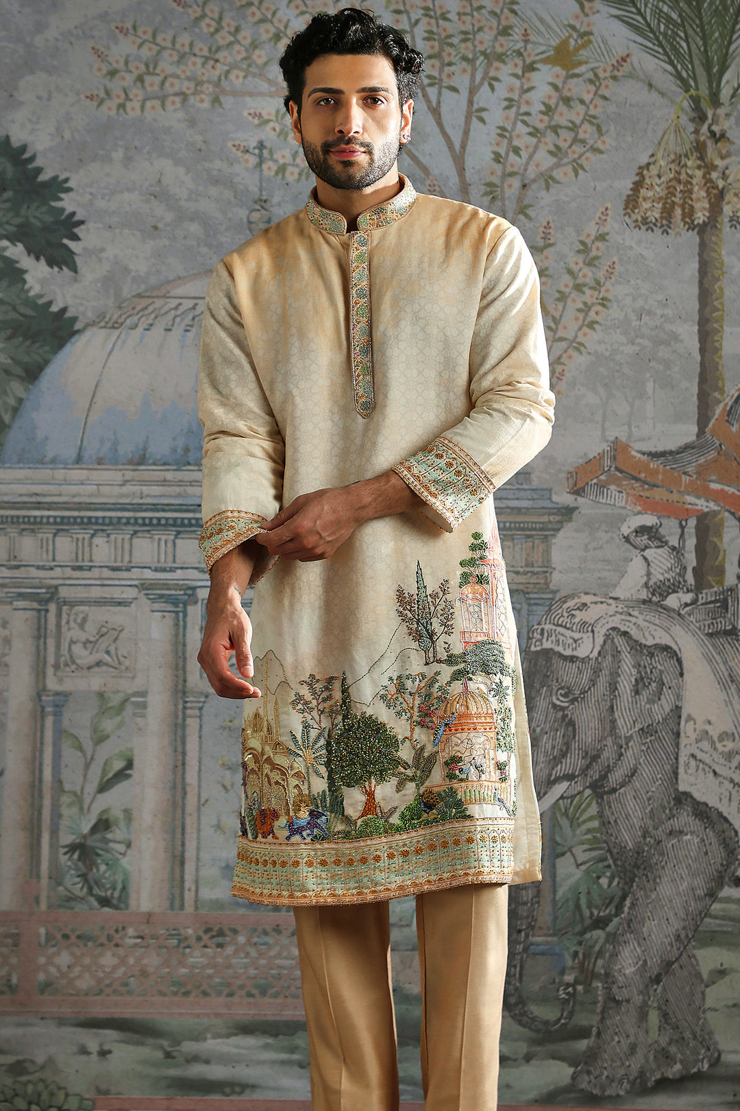 Beige Kurta Set with Intricate Landscape Embroidery