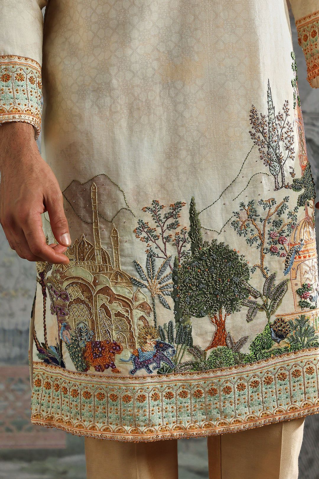 Beige Kurta Set with Intricate Landscape Embroidery