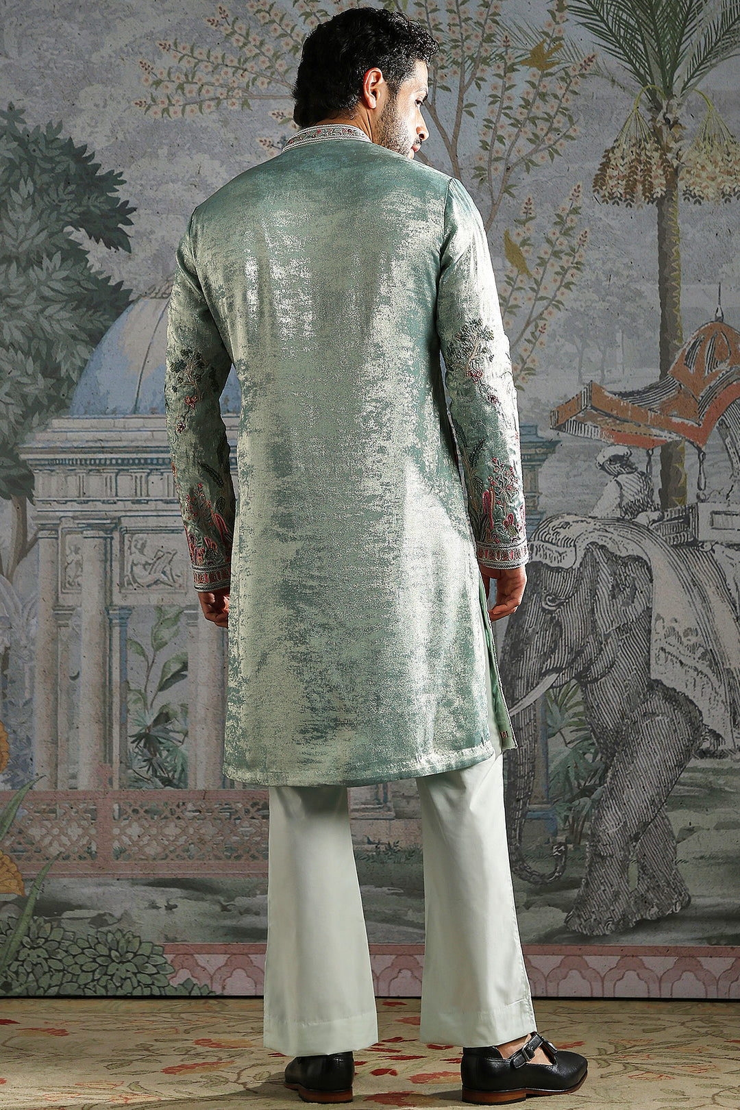 Mint Green Textured Kurta Set with Detailed Floral Embroidery