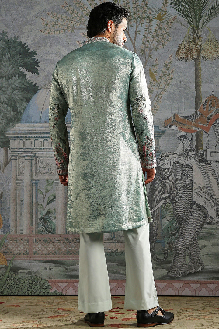 Mint Green Textured Kurta Set with Detailed Floral Embroidery
