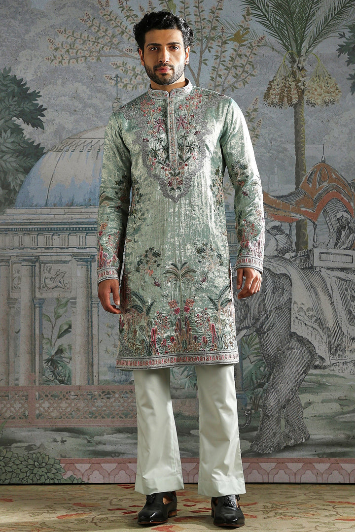 Mint Green Textured Kurta Set with Detailed Floral Embroidery