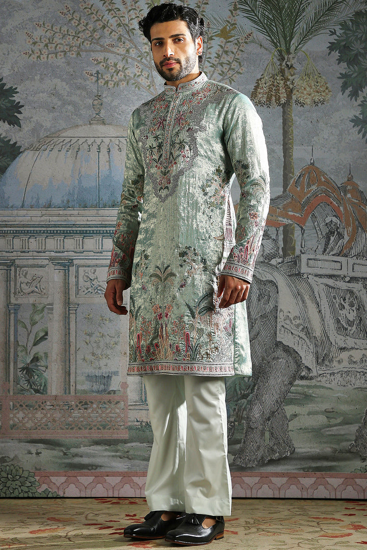 Mint Green Textured Kurta Set with Detailed Floral Embroidery