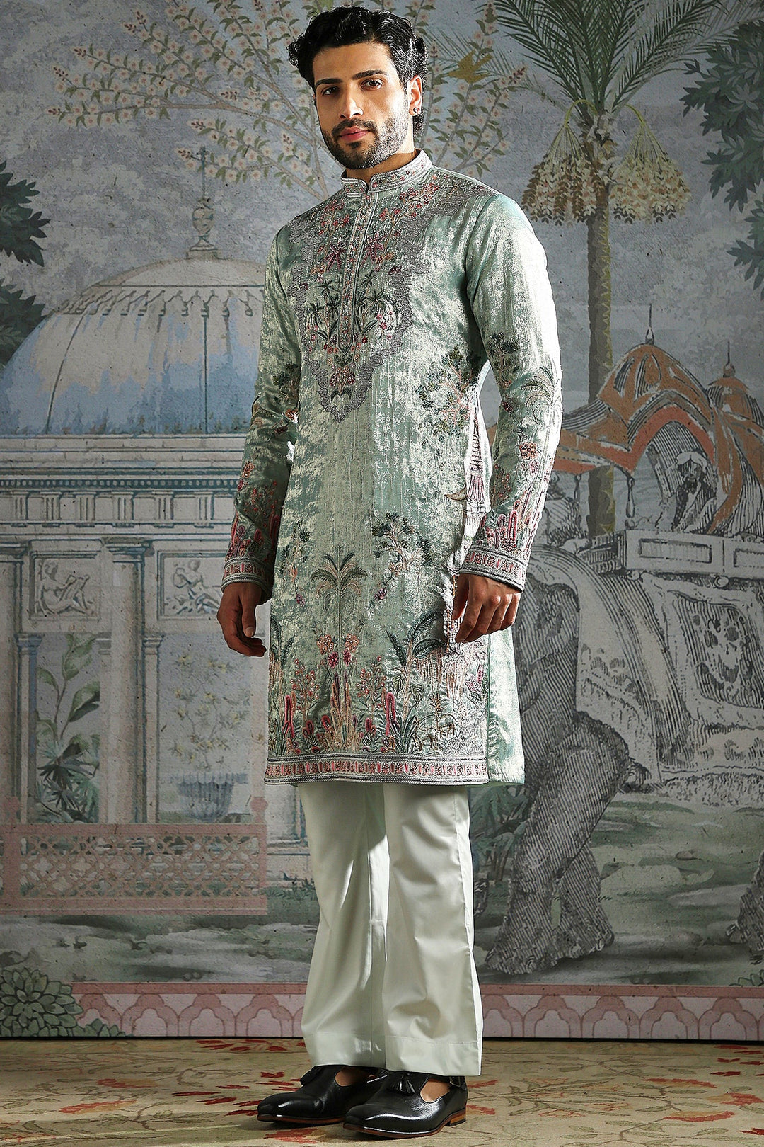 Mint Green Textured Kurta Set with Detailed Floral Embroidery