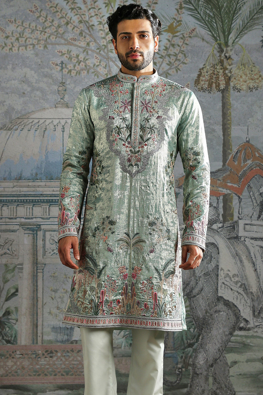 Mint Green Textured Kurta Set with Detailed Floral Embroidery