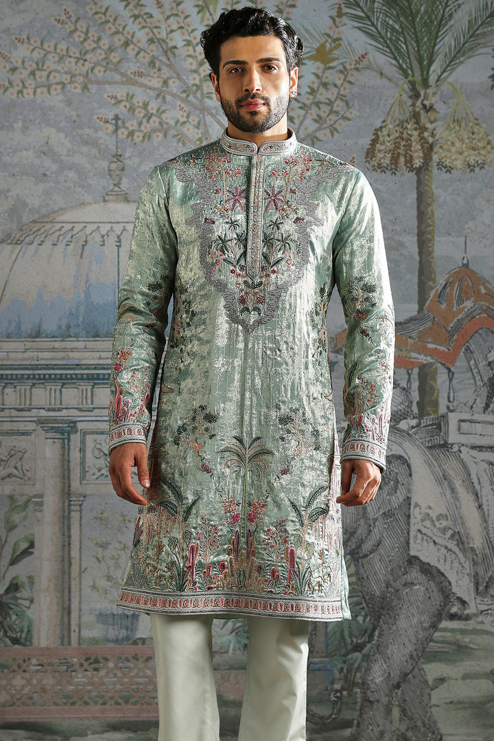 Mint Green Textured Kurta Set with Detailed Floral Embroidery