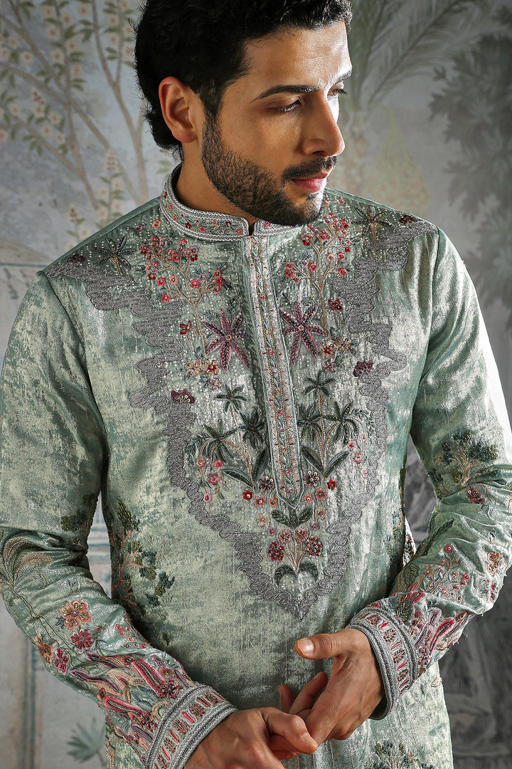 Mint Green Textured Kurta Set with Detailed Floral Embroidery