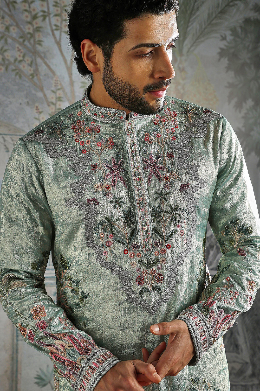Mint Green Textured Kurta Set with Detailed Floral Embroidery