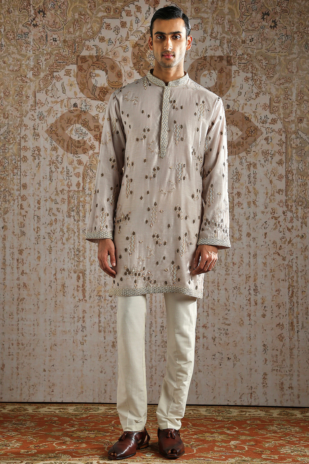 Beige Geometric Embroidered Bandhgala Set