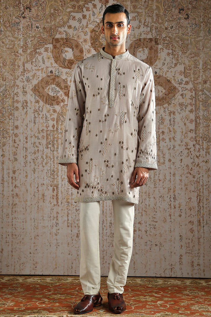 Beige Geometric Embroidered Bandhgala Set