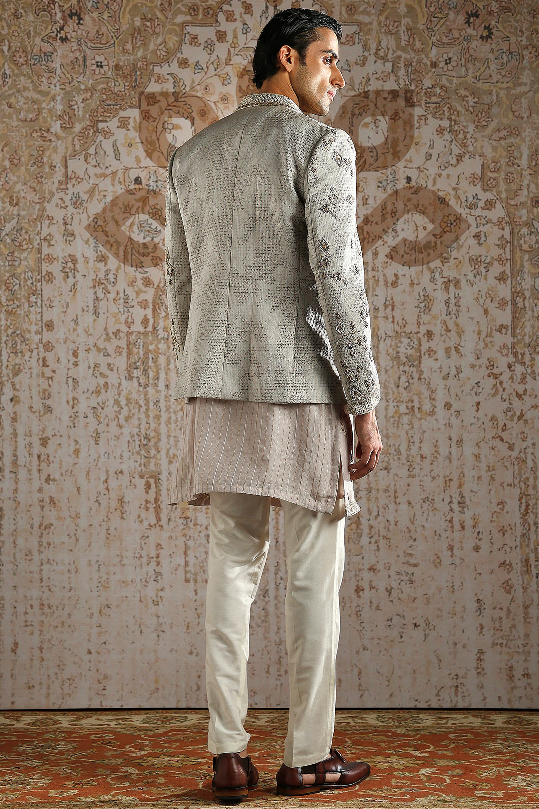 Beige Geometric Embroidered Bandhgala Set