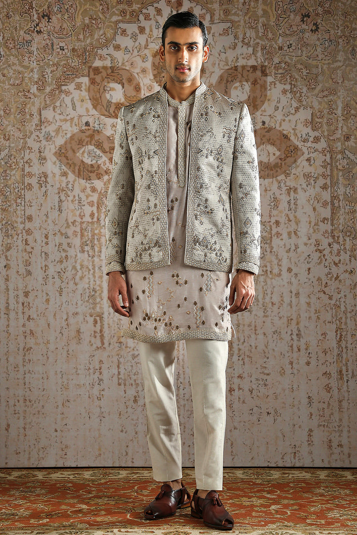 Beige Geometric Embroidered Bandhgala Set