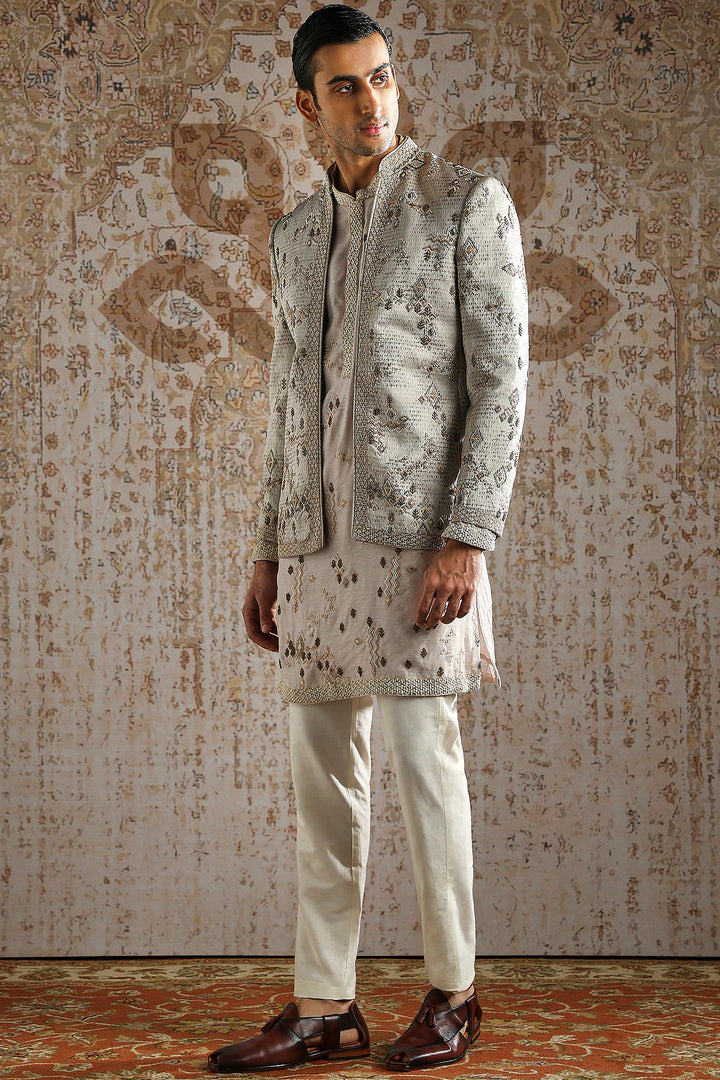 Beige Geometric Embroidered Bandhgala Set