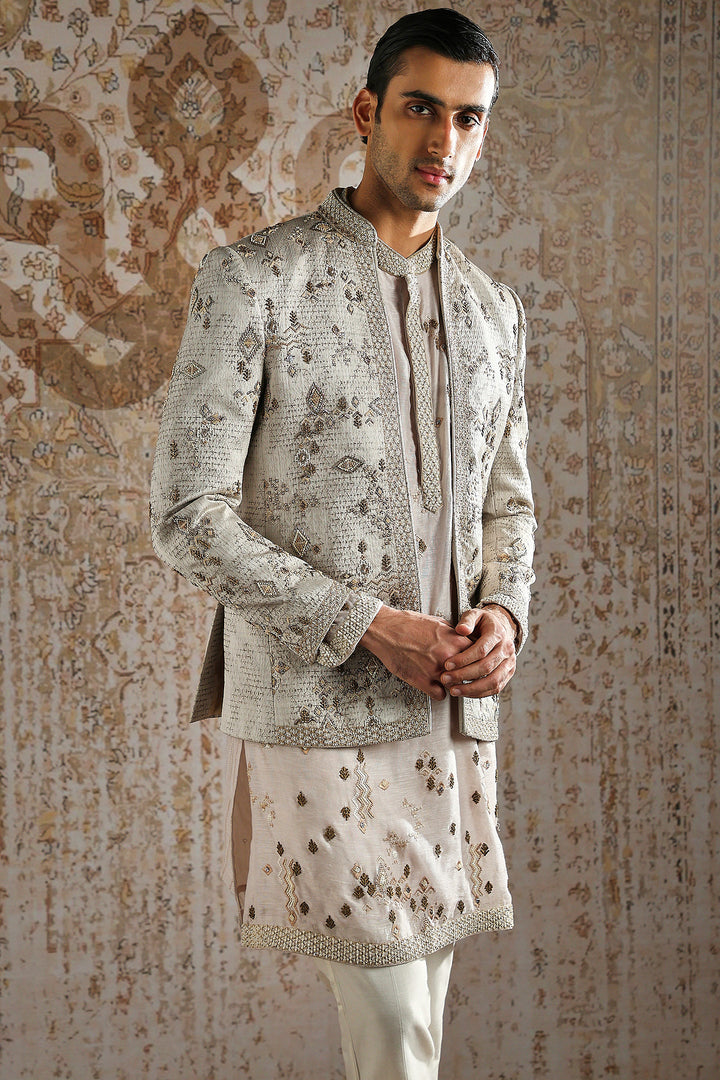 Beige Geometric Embroidered Bandhgala Set