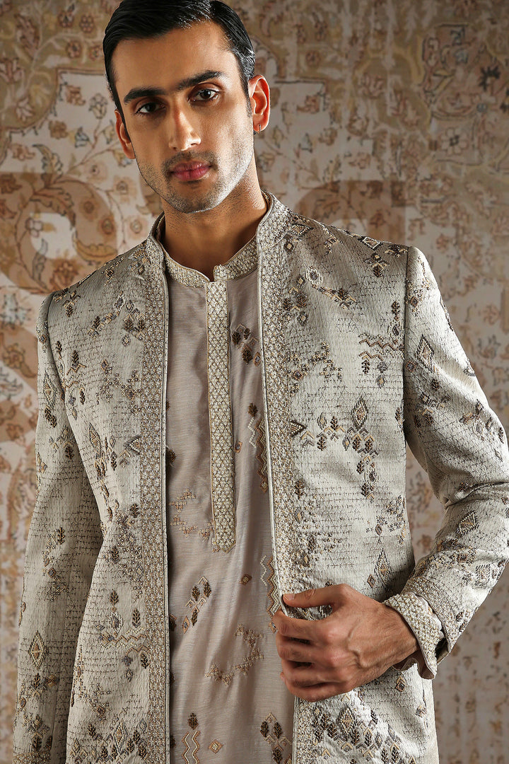 Beige Geometric Embroidered Bandhgala Set