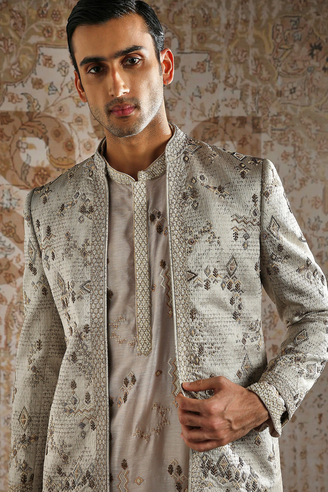 Beige Geometric Embroidered Bandhgala Set