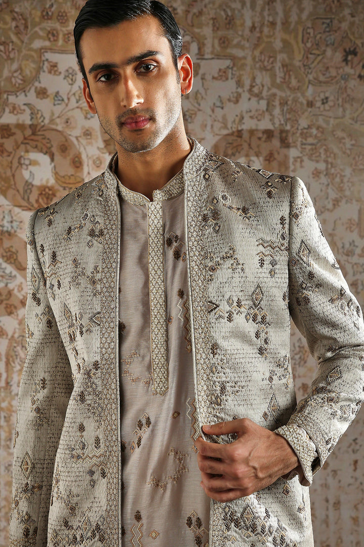 Beige Geometric Embroidered Bandhgala Set