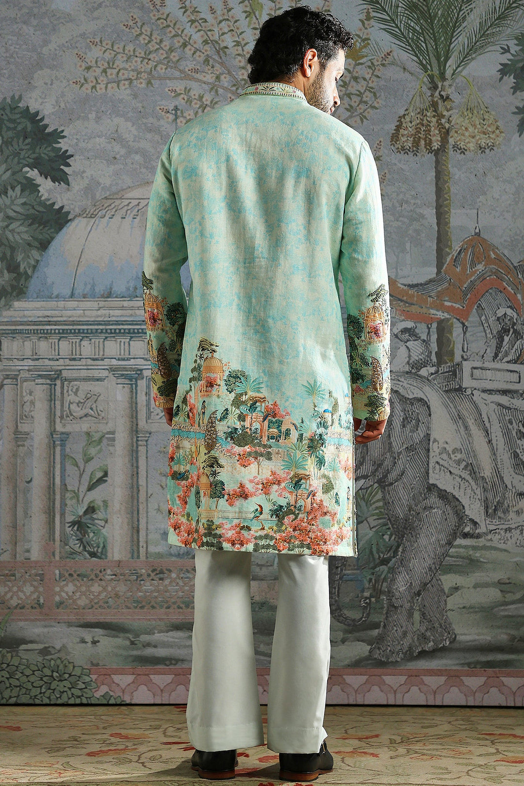Aqua Kurta Set with Printed Landscape and Embroidered Cuffs