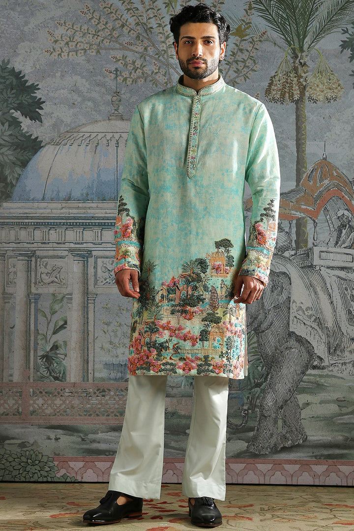 Aqua Kurta Set with Printed Landscape and Embroidered Cuffs