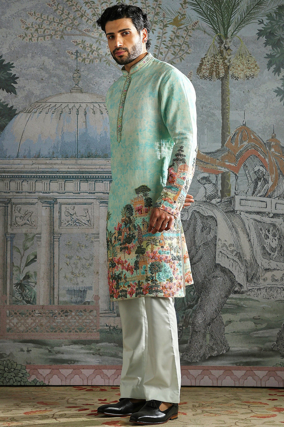 Aqua Kurta Set with Printed Landscape and Embroidered Cuffs