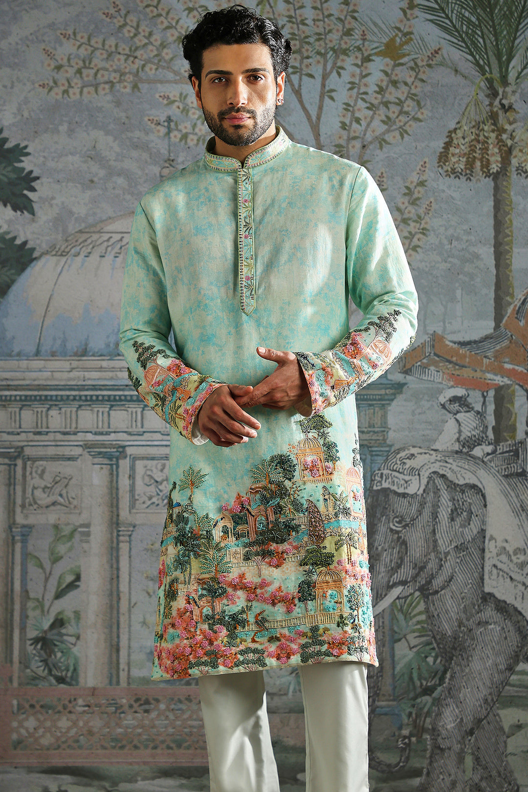 Aqua Kurta Set with Printed Landscape and Embroidered Cuffs