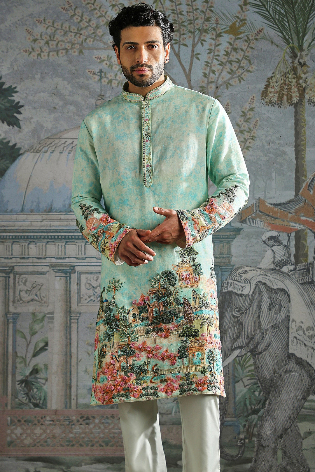 Aqua Kurta Set with Printed Landscape and Embroidered Cuffs