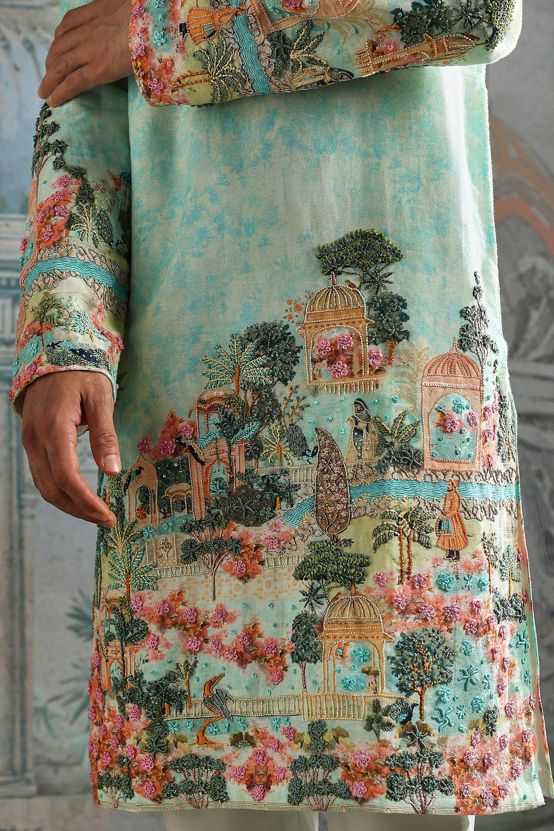 Aqua Kurta Set with Printed Landscape and Embroidered Cuffs