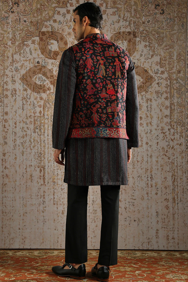 Black Textured Multi-Panel Embroidered Kurta Bundi Set