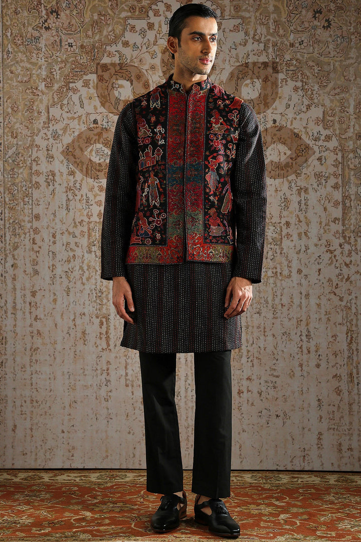 Black Textured Multi-Panel Embroidered Kurta Bundi Set
