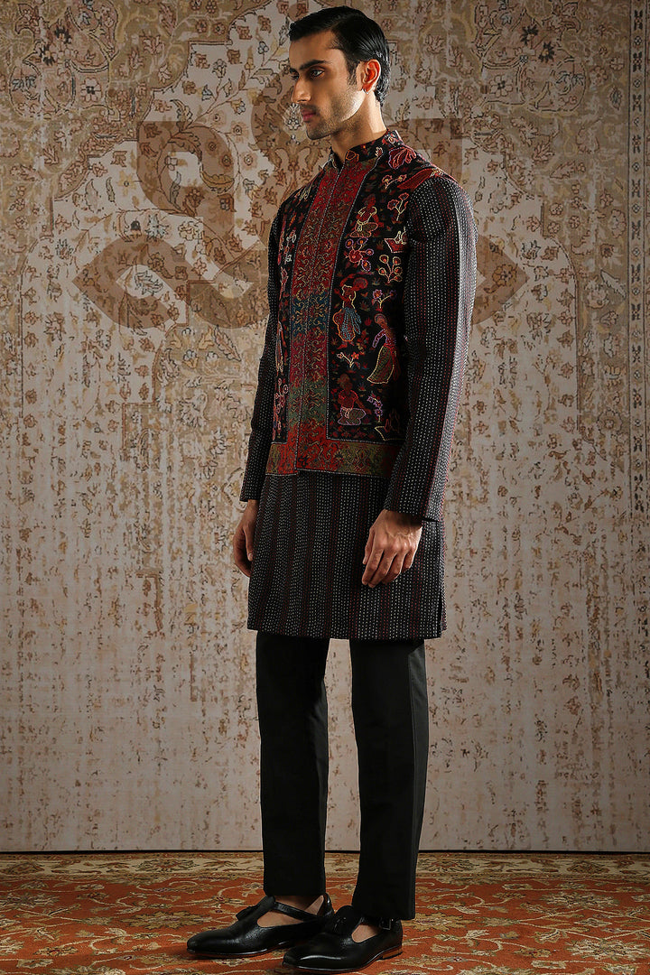Black Textured Multi-Panel Embroidered Kurta Bundi Set